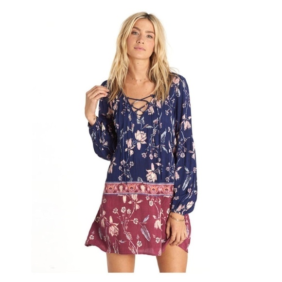 Billabong just like you starry nights boho long sleeve‎ shirt dress Blue Pink - Picture 2 of 11